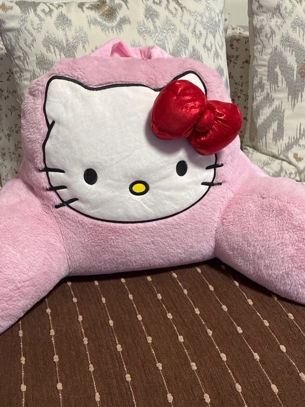 Hello Kitty Plush Backrest Pillow Pink with Red Bow